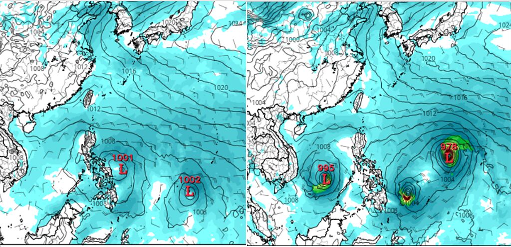 最新歐洲ECMWF(左圖)及美國GFS(右圖)模式，模擬10日20時地面圖顯示，南海至菲律賓東方海域各有熱帶擾動活動，但模擬的數量、位置、強度皆有差異。(圖擷自Tropical tidbits)

