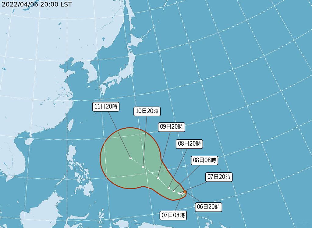熱帶性低氣壓目前位於關島南方海面，向西緩慢移動，有發展為輕度颱風的趨勢。(圖/氣象局)