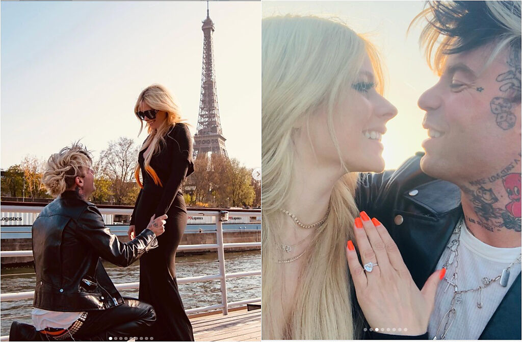 艾薇兒在巴黎鐵塔前被求婚，曬出手上的巨型愛心鑽石戒指。(取材自modsun IG、avrillavigne IG)