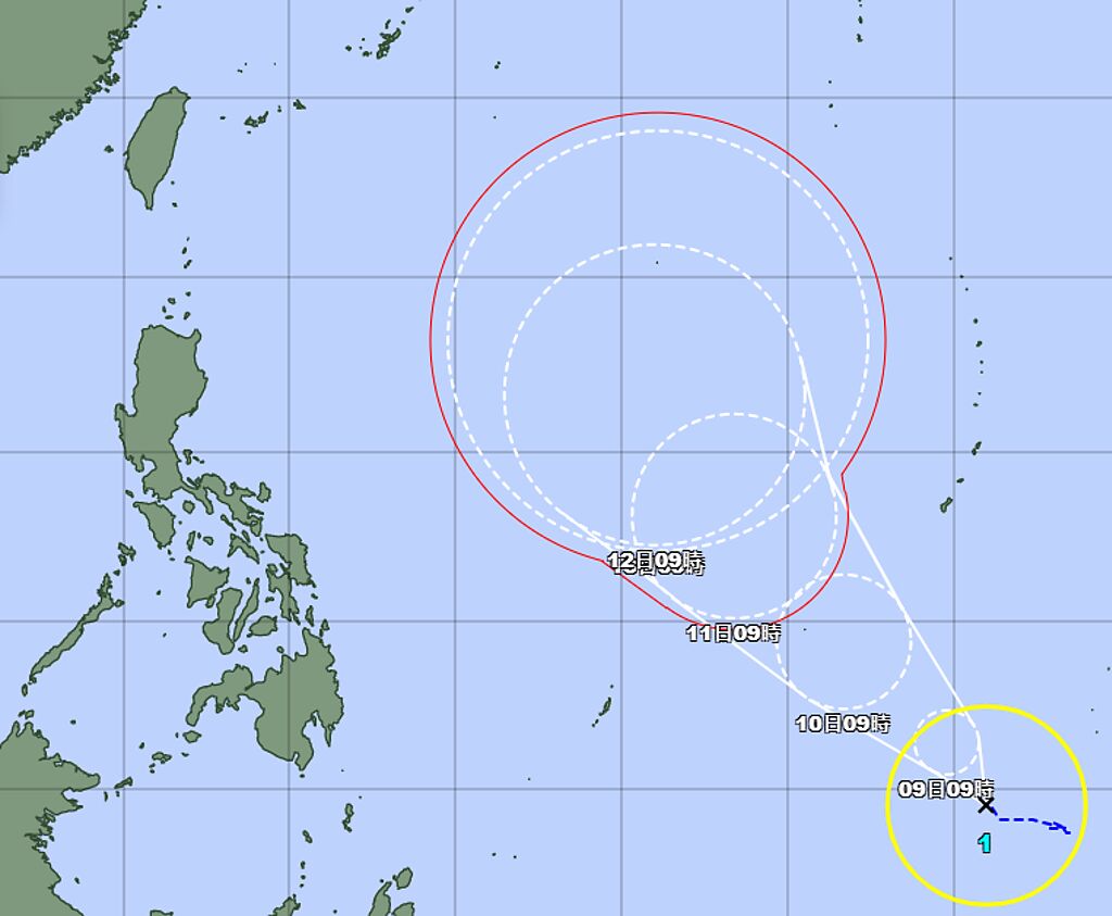 馬勒卡颱風今生成，預估將在台灣東邊大迴轉，侵襲機率低。（翻攝日本氣象廳）