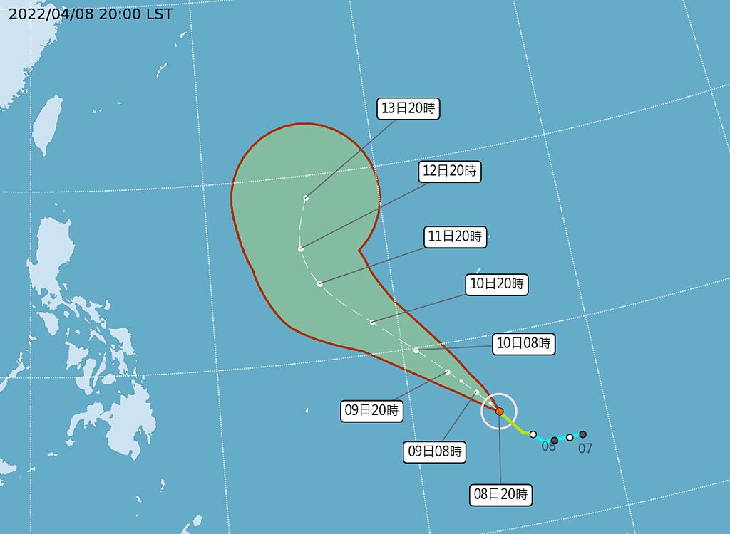 颱風路徑潛勢預報圖。（中央氣象局提供）