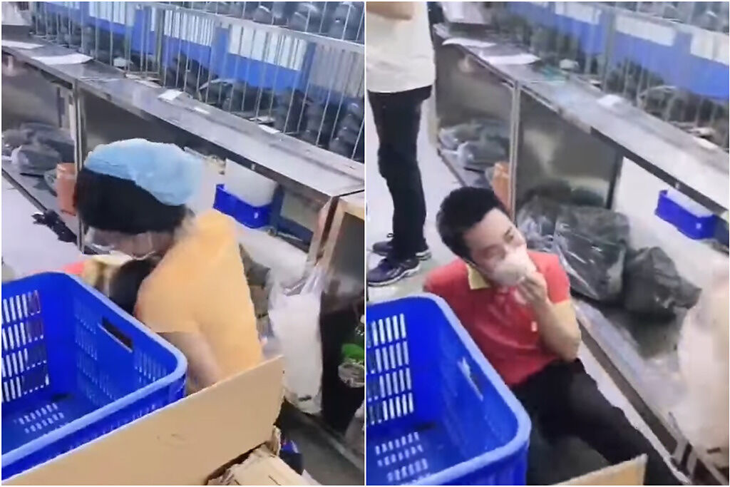 有間製鞋工廠，1名越南女子和男子在打鬧，突然就把男子的頭抓來撞胸部，害男子臉紅又害羞。（翻攝自爆廢公社）