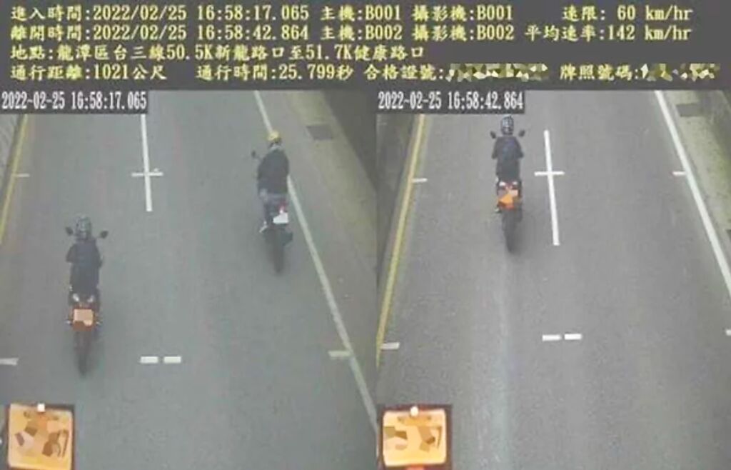 1名重機騎士日前行駛在台3線龍潭路段區被區間測速測得違規，但罰單顯示1.2公里的距離僅耗時約25秒，均速達142公里，開罰1.2萬。（翻攝照片）