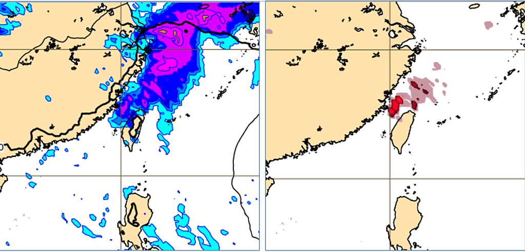 最新歐洲(ECMWF)模式模擬，明日（14日）清晨鋒面降雨已觸及台灣西北部(左圖)；台灣海峽及北部海面有閃電的模擬(右圖)，隱含鋒面通過時，可能仍伴隨局部雷雨的現象。

