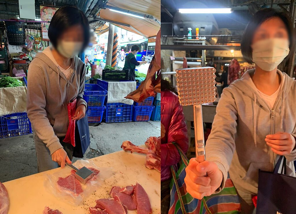 一名熟客自帶斷筋用的肉槌，在豬肉攤上敲打肉。（翻攝自臉書社團《爆怨公社》）