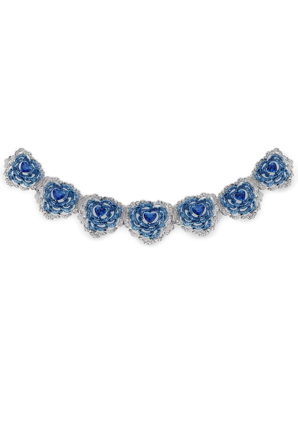 蕭邦藍寶石項鍊，七顆總重38.25克拉心形切割藍寶石，2176萬元。（CHOPARD提供）