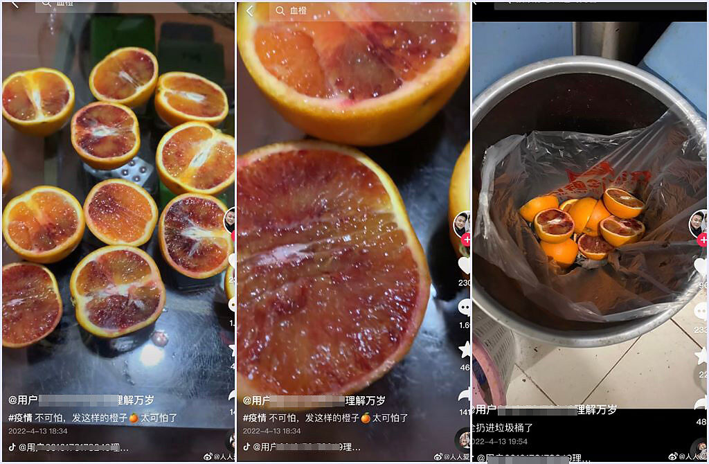上海女不識貨，收到重慶捐贈的高檔水果「血橙」，以為有血全扔了。（翻攝微博@人人愛重慶）

