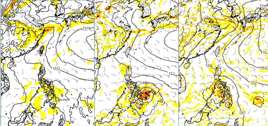 最新歐(左圖)、美(中圖)、加(右圖)模式模擬27日20時850百帕天氣圖皆顯示，在菲律賓東方海面至南海一帶有「熱帶擾動」發展的跡象。但一周後不同模式所模擬的位置、強度，存在明顯差異，需持續觀察。(圖擷自tropical tidbits)

