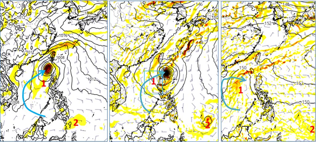 最新(24日20時)歐(左圖)、美(中圖)、加(右圖)模式，模擬3日20時850百帕渦度圖顯示，在南海有「熱帶擾動(1)」發展，並皆有向東北緩慢迴轉(淺藍線)的趨勢。在菲律賓東方海域則另有1個「熱帶擾動(2)」發展。(圖擷自tropical tidbits)

