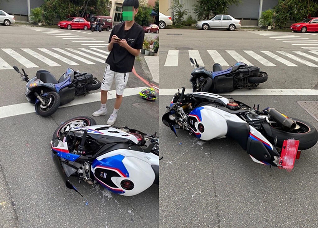 有輛BMW重機在路口遭少年騎士以「切西瓜」撞倒，網友一見驚呆「要賣腎了」。（翻攝自臉書重機車友 ❘ 各區路況、天氣回報中心）