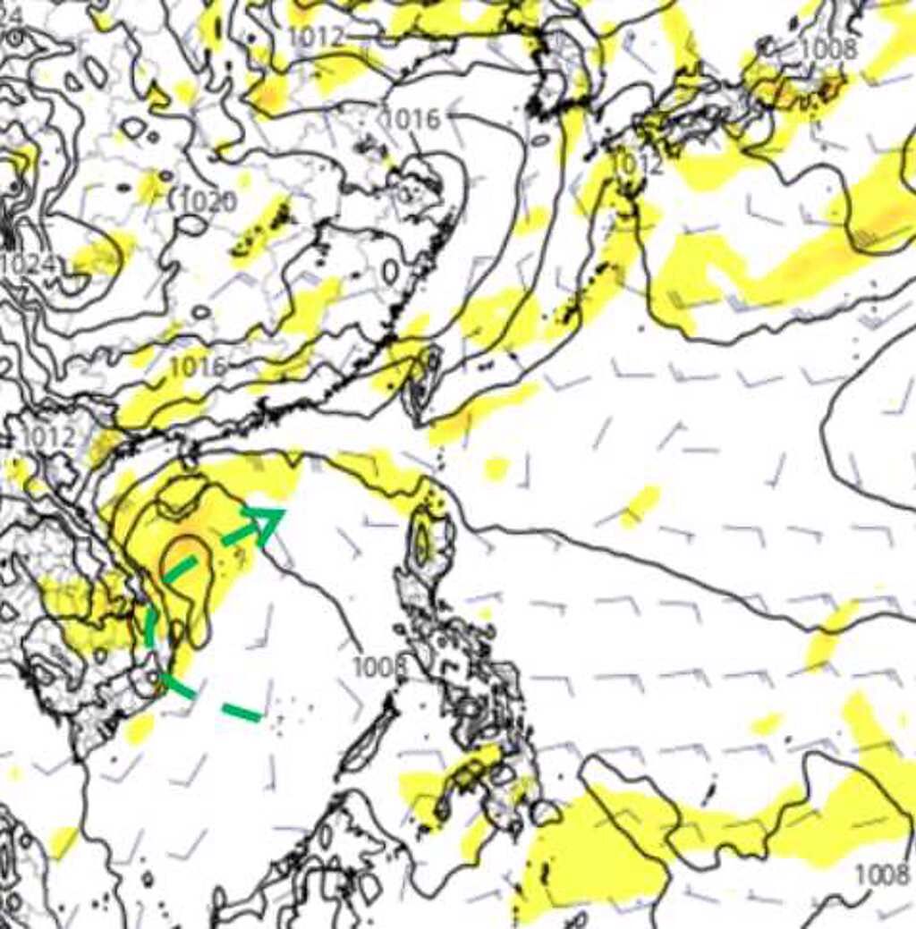 最新(25日20時)歐洲模式，模擬下周一(1日)20時850百帕渦度圖顯示，在南海有熱帶擾動發展，並有逐漸迴轉的趨勢(淺綠線)。(圖擷自tropical tidbits)