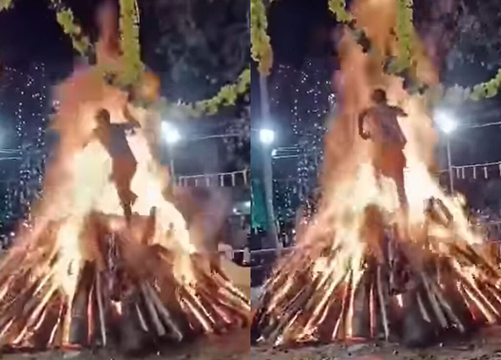 國外某種「過火儀式」，只見年輕男子不斷的往火裡衝，驚呆一票網友表示「摔倒就GG了」。（翻攝自臉書爆廢公社）