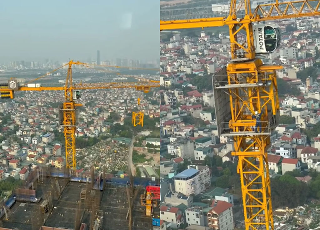 有男子在網上分享蓋高樓時，黃色的塔吊起重機如何往上爬升的影片，也解惑網友們多年來的疑問。（翻攝自爆廢公社公開版）