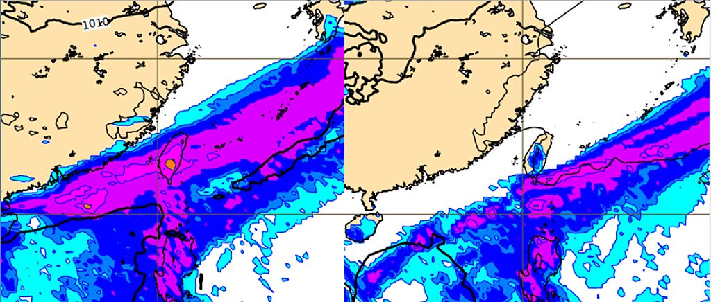 最新(9日20時)歐洲(ECMWF)模式模擬顯示，下週一(16日20時)「滯留鋒」雨帶籠罩台灣(左圖)。下週二(17日20時)「滯留鋒」雨帶已南移至巴士海峽(右圖)。(翻攝自「三立準氣象· 老大洩天機」)