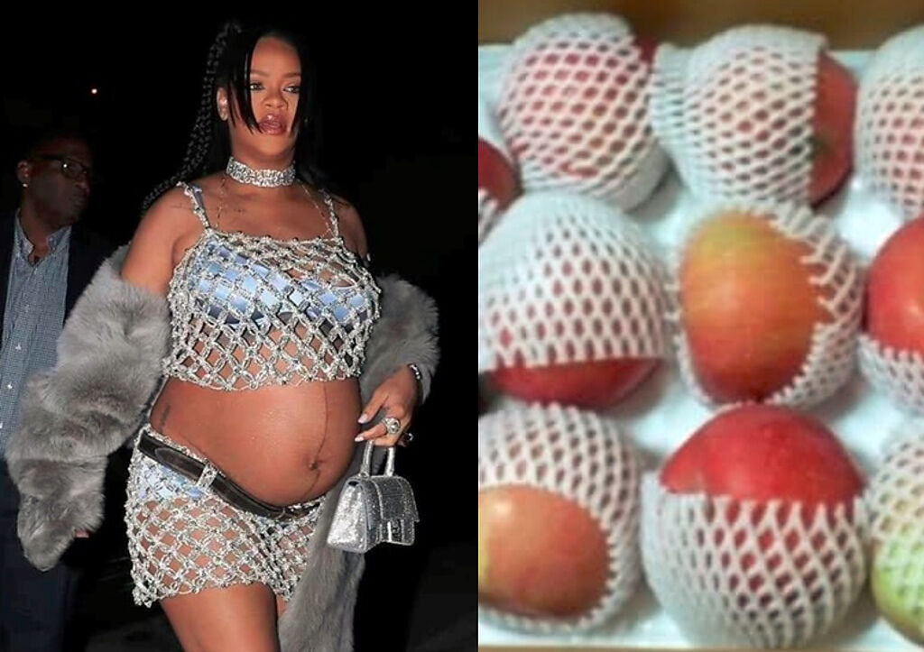蕾哈娜最新的孕肚穿搭有白色網狀設計，被笑稱像包著防撞泡棉的蘋果。（圖／取自Mr.布雷蕭臉書）