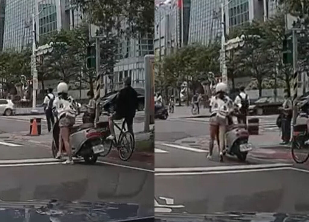 長腿妹在台北101旁路口突然「台北式右轉」，網友不驚訝稱「每天都上百件」。（翻攝自八卦村-行車紀錄器影片上傳中心）
