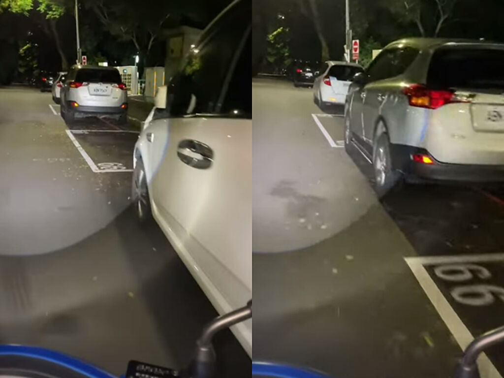 網友發現1違停亂象，整排路邊停車的車輛竟通通「跳過停車格」停在紅線上，影片中至少有3輛車違停紅線，讓目擊者笑說是「類停車格」。（翻攝自YouTube頻道「WoWtchout -地圖型行車影像分享平台」）