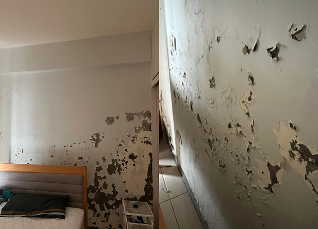 人妻花900萬買房住半年，因遇雨季牆壁上大面積掉漆，露出水泥底層，她見慘況崩潰喊「該怎麼處理」。（翻攝自臉書爆怨2公社）