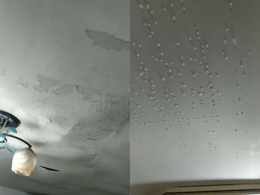 網友被樓下鄰居質疑自家水管漏水，導致鄰居家客廳的天花板出現「1顆顆水珠」，照片中天花板隔板出現整片水珠，但網友一眼看出是「室內反潮」。（翻攝自臉書「爆料公社」）
