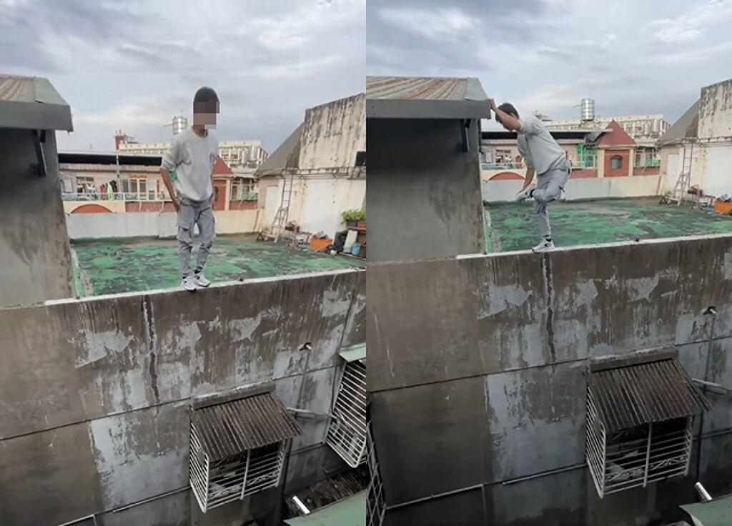 男子跳躍到對面棟公寓樓頂後，疑似還要挑戰跳回來。（翻攝自臉書爆廢公社）