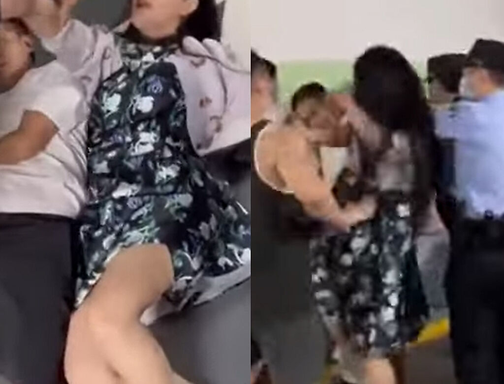 大陸深圳市一名貴婦（穿花裙者）因為停車位問題，與鄰居大打出手，還在躺在地上大鬧。（翻攝自微博）
