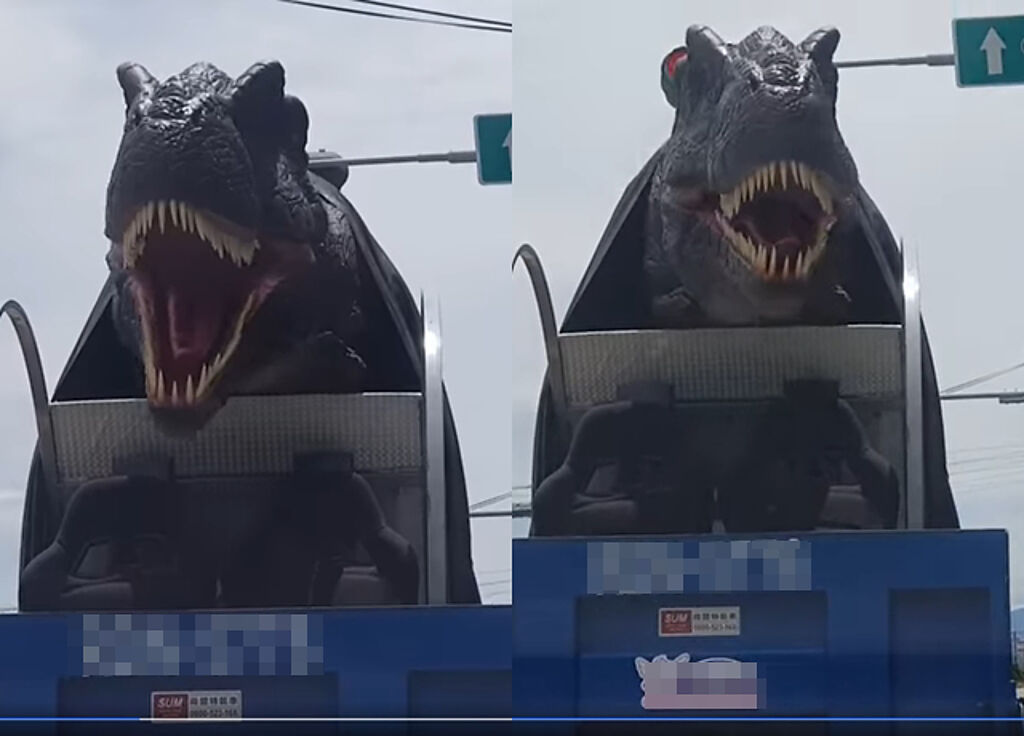 正妹拍到「恐龍」被架住在貨車上，不僅會開口吼叫，頭部還會左右擺動。（翻攝自臉書爆廢公社）