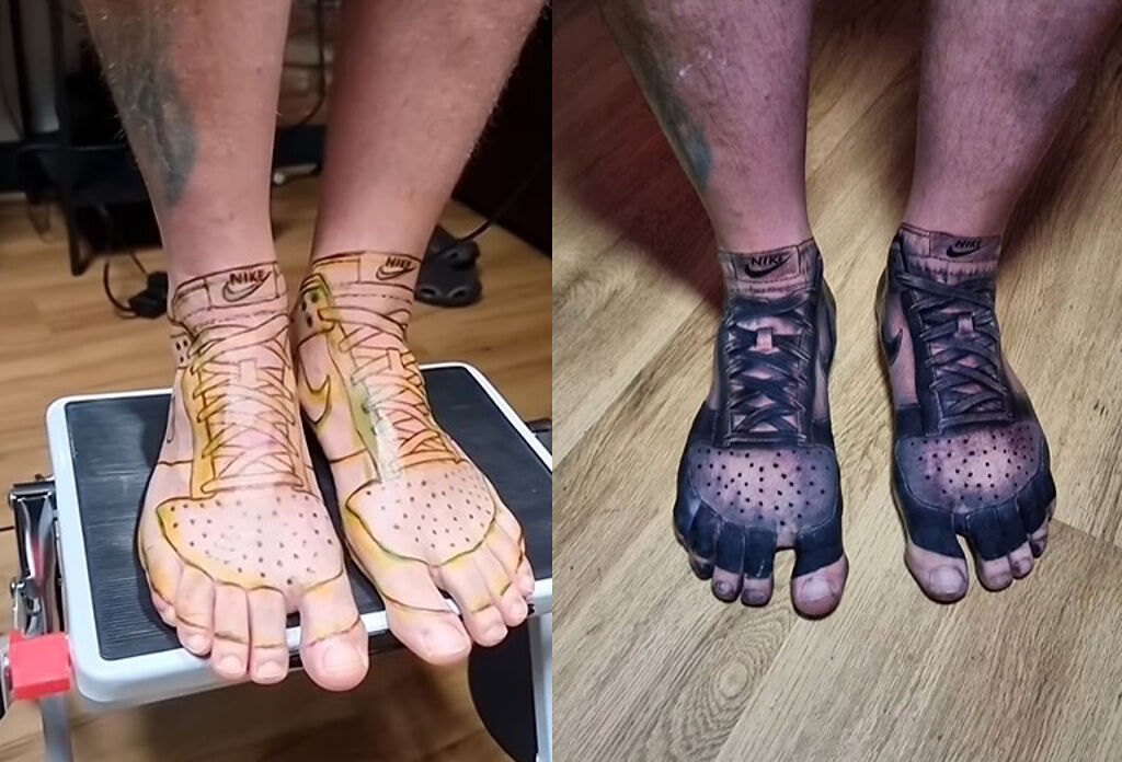 英國一名男客人突發奇想，將最愛的球鞋刺在雙腳上。(圖/翻攝自Instagram/@dean.gunther)