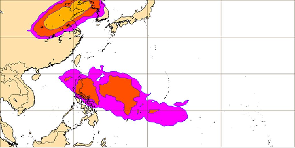 最新(19日20時)歐洲(ECMWF)系集模式28日20時模擬圖顯示，下周起菲律賓東方海面有熱帶擾動存在的機率逐漸提高。