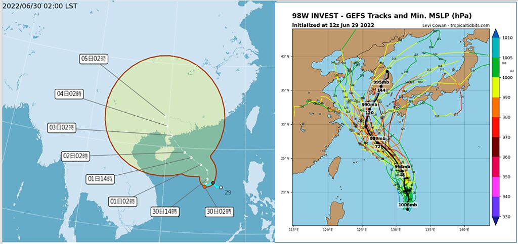 最新(30日2時)中央氣象局「路徑潛勢預測圖」(左圖)顯示，「芙蓉」今將形成，朝廣東前進。最新(29日20時)美國(GEFS)系集模式(右圖)顯示，菲律賓東方「熱帶擾動」發展中；朝琉球海面前進。(翻攝自 「三立準氣象· 老大洩天機」)

