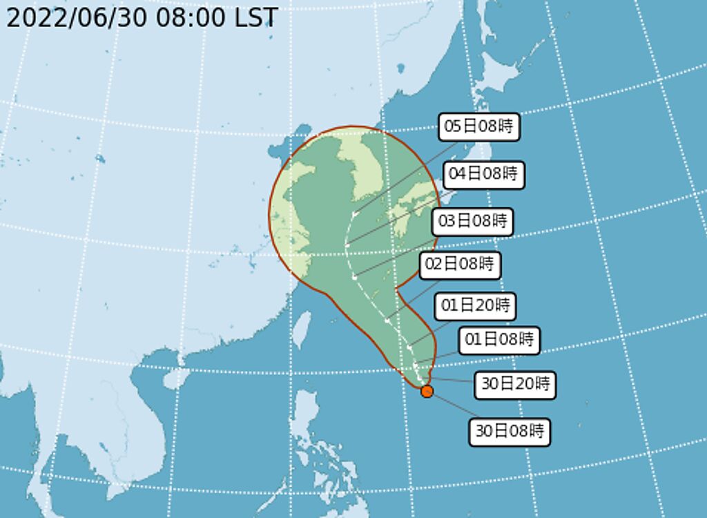 菲律賓東方熱帶低壓生成。最快明天增強成颱風「艾利」。(翻攝自氣象局)