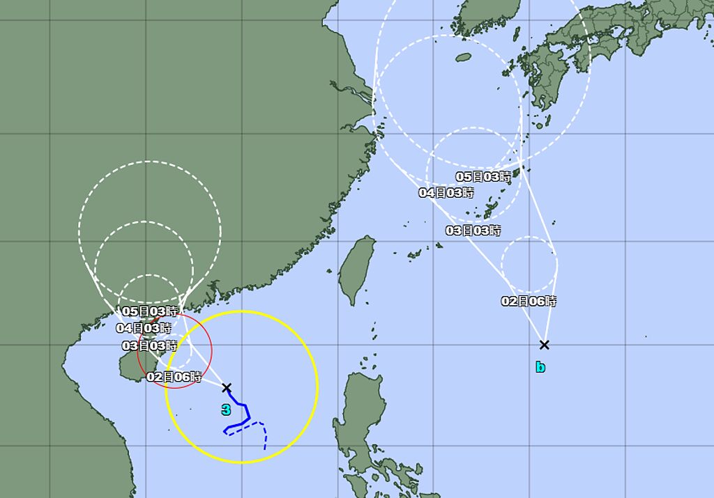雙颱夾擊，台灣地區未來一周天氣不穩定。（翻攝日本氣象廳）
