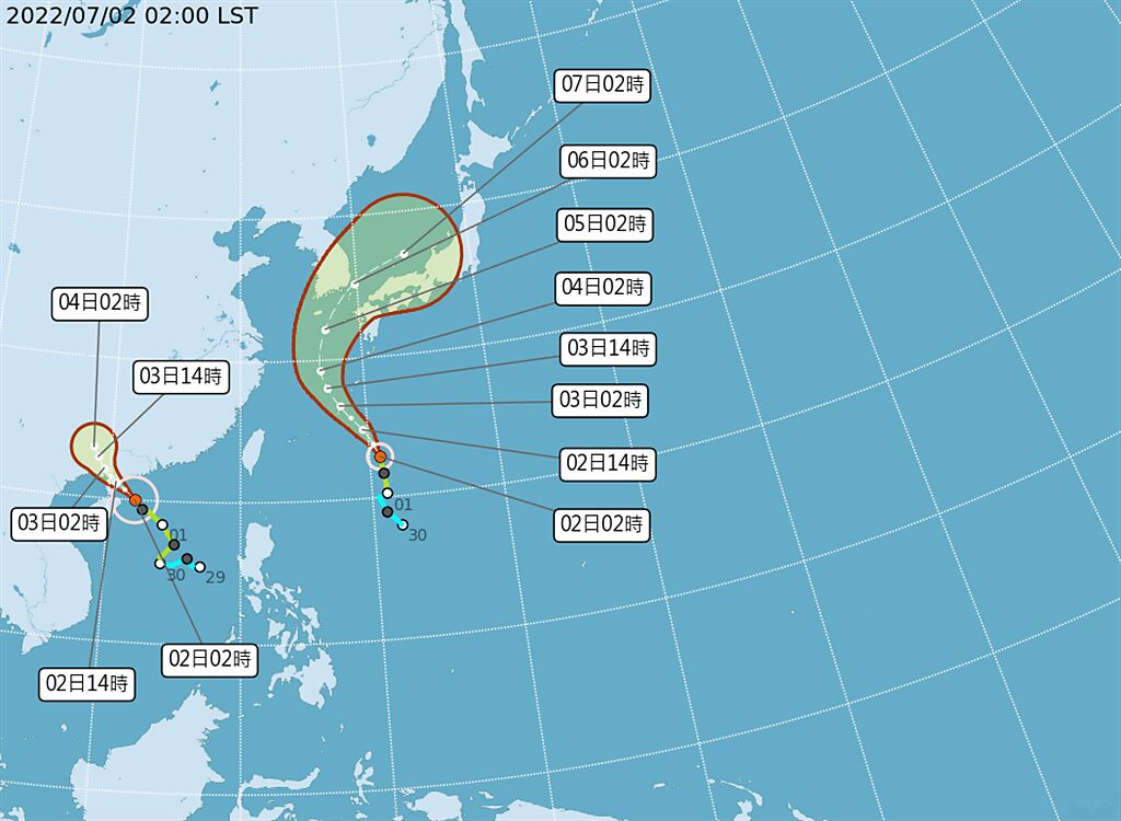 中央氣象局指出，芙蓉颱風今天清晨２時的中心位置在鵝鑾鼻西南西方９３０公里之海面上，持續往西北朝廣東方向前行；艾利颱風，今天清晨２時的中心位置在鵝鑾鼻東方１０４０公里之海面上，持續往北北西朝琉球群島方向移動；此兩颱風未直接影響臺灣的天氣。（翻攝自中央氣象局／林良齊台北傳真）