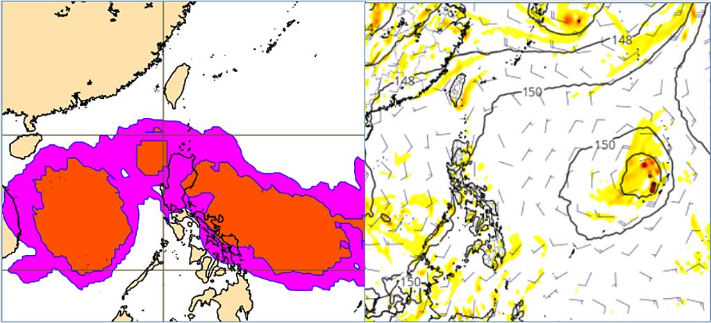 最新(2日20時)歐洲(ECMWF)系集模式10日20時模擬圖(左圖)顯示，菲律賓東方至南海海面有20%「熱帶擾動」發展的機率。美國(GFS)模式10日20時模擬圖(右圖)則顯示，菲律賓東方海面有「熱帶擾動」發展。(右圖擷自tropical tidbits)

