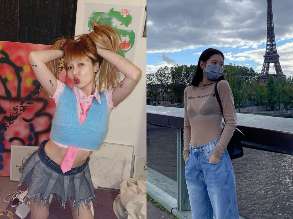 韓國女星泫雅、Jennie私服穿搭，低腰褲、迷你裙、透膚上衣復刻Y2K穿搭風。(圖翻自Instagram/hyuna_aa、jennierubyjane )