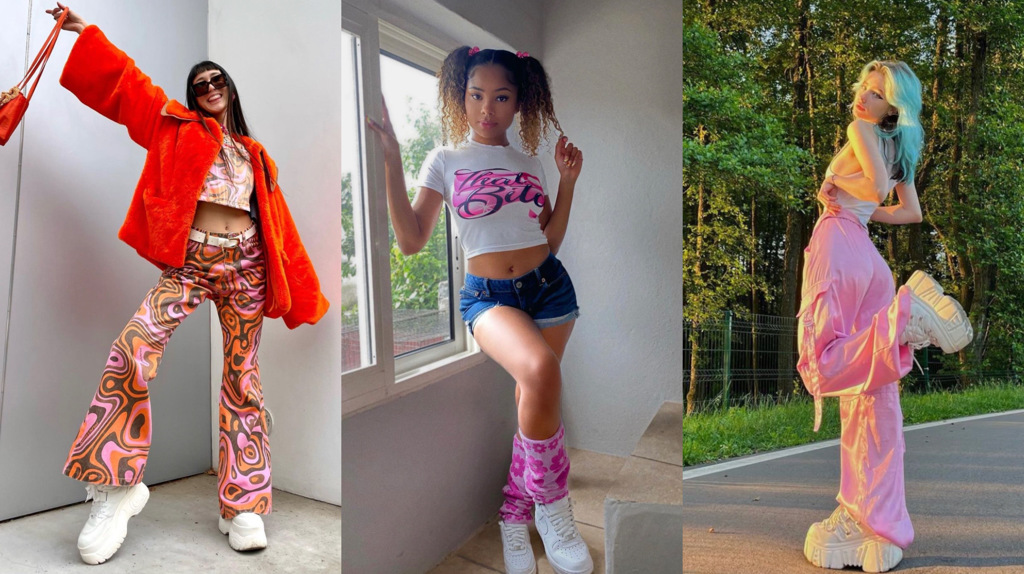 Y2K風格大膽、色彩鮮豔，泡泡襪、闊腿褲、鬆糕鞋都是潮流搭配，具有強烈個人特色。(圖/danideedan、tarachandra、stttive 自Instagram)