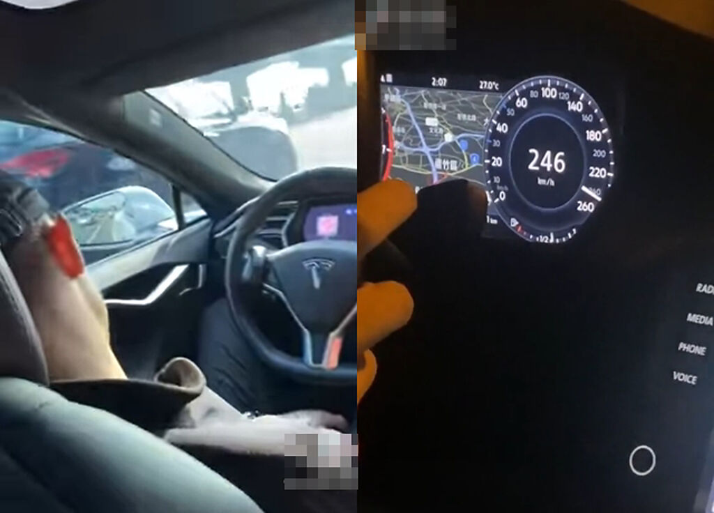 男子開特斯拉車內睡覺，還分享與朋友在國道飆速的影片。（翻攝自臉書爆廢公社、抖音）
