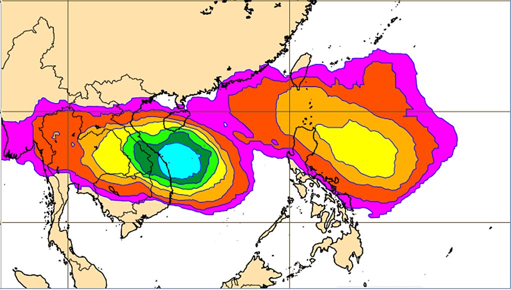 最新(8日20時)歐洲(ECMWF)系集模式模擬圖顯示，下周三(13日)20時菲律賓東方及南海海面「熱帶擾動」的模擬機率，分別已達40%及70%。（翻攝自「三立準氣象· 老大洩天機」）

