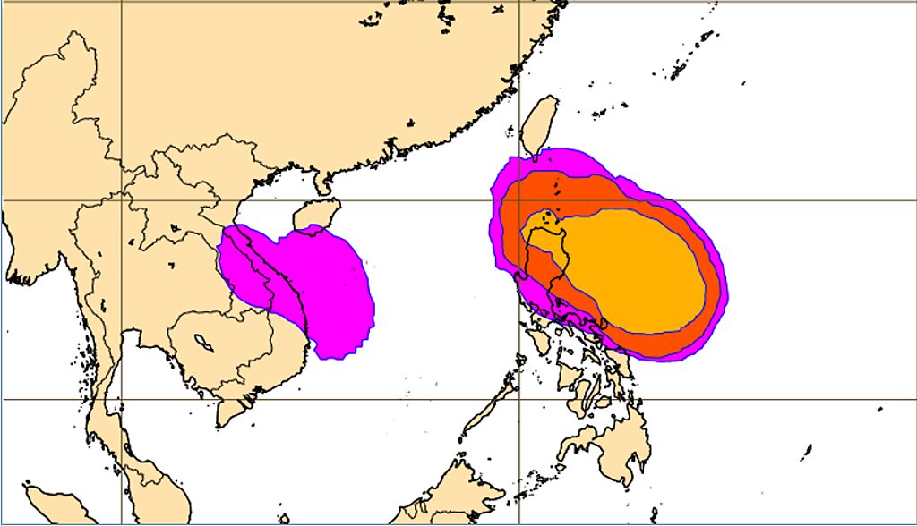 最新(10日20時)歐洲(ECMWF)系集模式模擬圖顯示，13日20時菲律賓東方「熱帶擾動」的發展機率，調低為30%，指向呂宋島北端。南海「熱帶擾動」的模擬機率則已調降至10%。（翻攝自「三立準氣象· 老大洩天機」）


