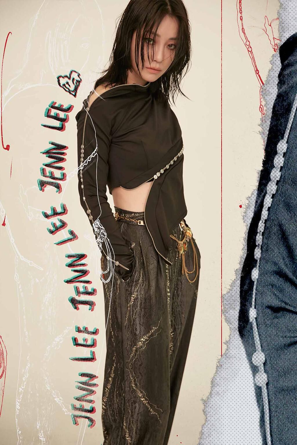 謝欣穎演繹JENN LEE秋冬系列服裝，本季以「流動」為主軸，在服裝上運用拉鍊、彈性運動面料等，塑造獨特的線條。（JENN LEE提供）