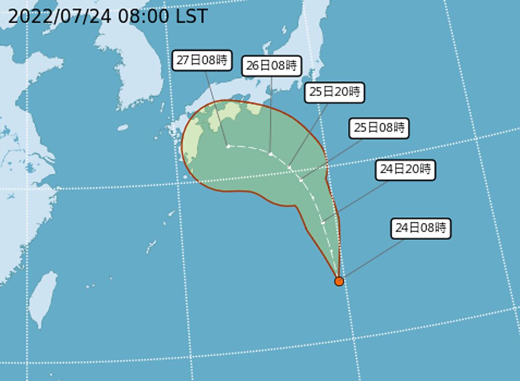 熱帶低壓未來將往日本方向移動，但強度不強，升級成颱風的機會不高；距離台灣遙遠，基本上沒有影響。(氣象局提供)