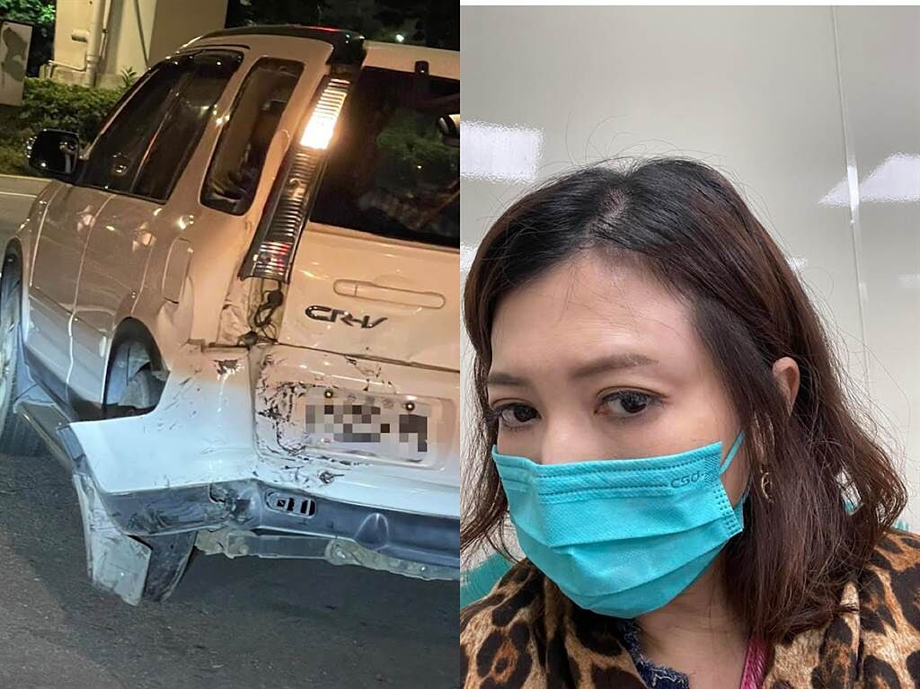 廖家儀朋友愛車被推撞，她額頭也受傷。（民視提供）