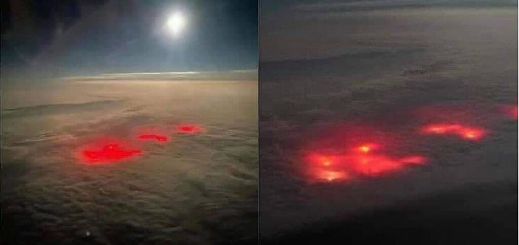 外國一名飛行員飛過大西洋上空時，看見詭異紅光穿透雲層的神祕景象。(圖/翻攝自Reddit)