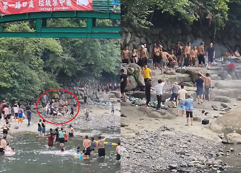 男子帶家人去溪邊戲水避暑，卻見到兩派人馬丟石頭大亂鬥。（翻攝自臉書爆廢公社）