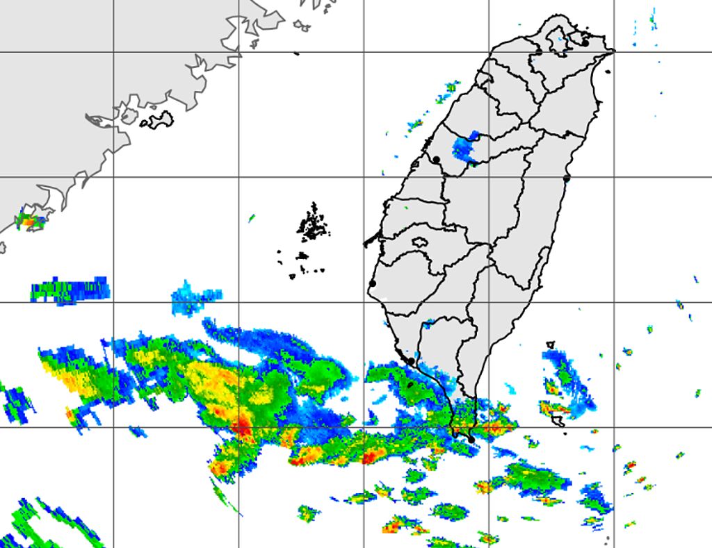 季風環流外圍水氣移入，東南部、恆春半島今有雨。（中央氣象局提供）