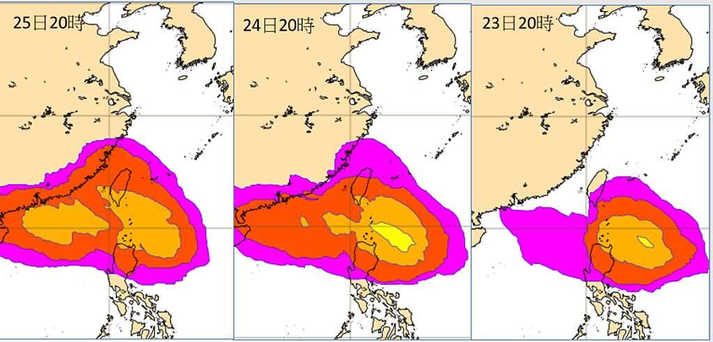 最新(16日20時)歐洲(ECMWF)系集模式，由右至左為23日至25日的模擬圖顯示，在台灣東南方有「熱帶擾動」活動，往巴士海峽靠近，越來越接近台灣，不確定性範圍大。(翻攝自「三立準氣象· 老大洩天機」)


