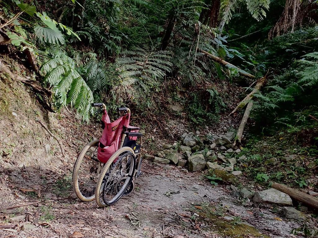 一名女網友表示，昨日在花蓮瓦拉米步道看到一台紅色輪椅，詢問巡山人員才知道，使用人是名80幾歲半癱的婆婆。（圖／翻攝自肉腳登山隊）
