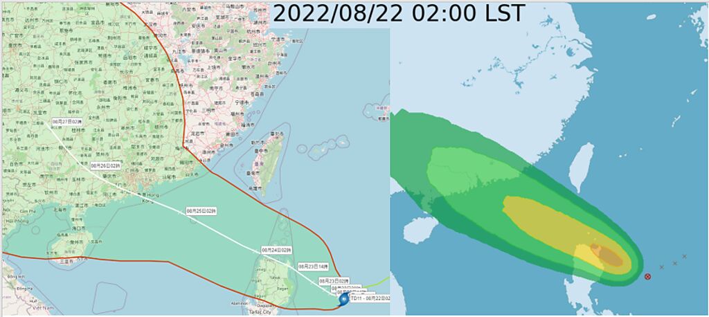 左圖為中央氣象局路徑潛勢預測圖，右圖是馬鞍颱風暴風圈侵襲機率圖。（圖／翻攝自三立準氣象‧老大洩天機）