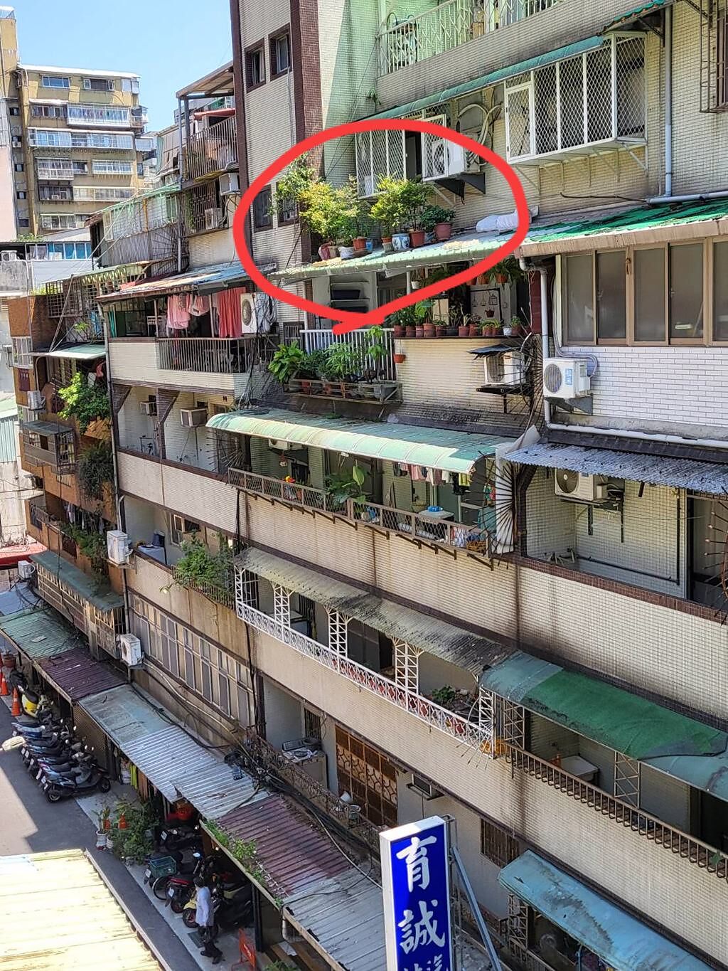 6樓住戶把盆栽放遮雨棚，若掉下去砸傷人後果不堪設想。(翻攝自爆料公社)