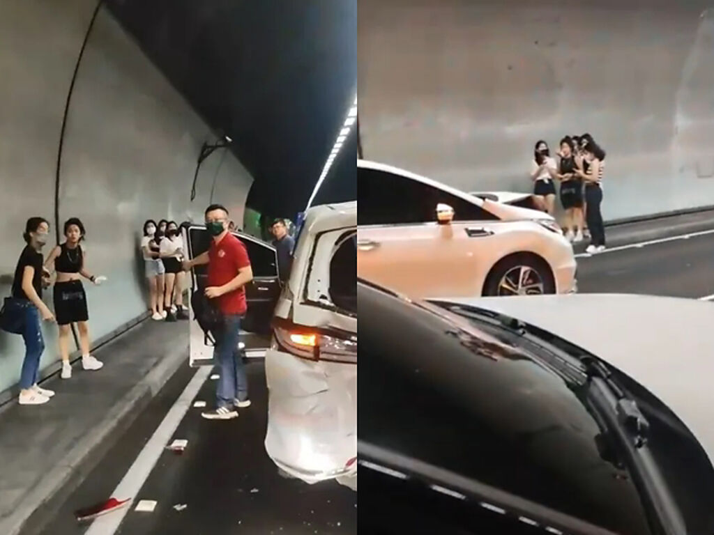 雪山隧道發生3車追撞，只見1輛白色休旅車車尾被撞凹，幾名車內民眾慌張下車，但有網友發現，下車的全是年輕、身材姣好的女子。（翻攝自記者爆料網）