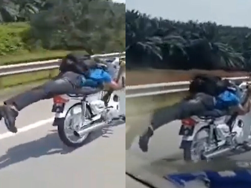 有網友日前在馬路上發現1名重機騎士竟用「超人姿勢」騎車，騎士把腳伸直、伸出車外一路飆車，發現旁邊有警車經過就馬上變回正常姿勢。（翻攝自臉書「記者爆料網」）